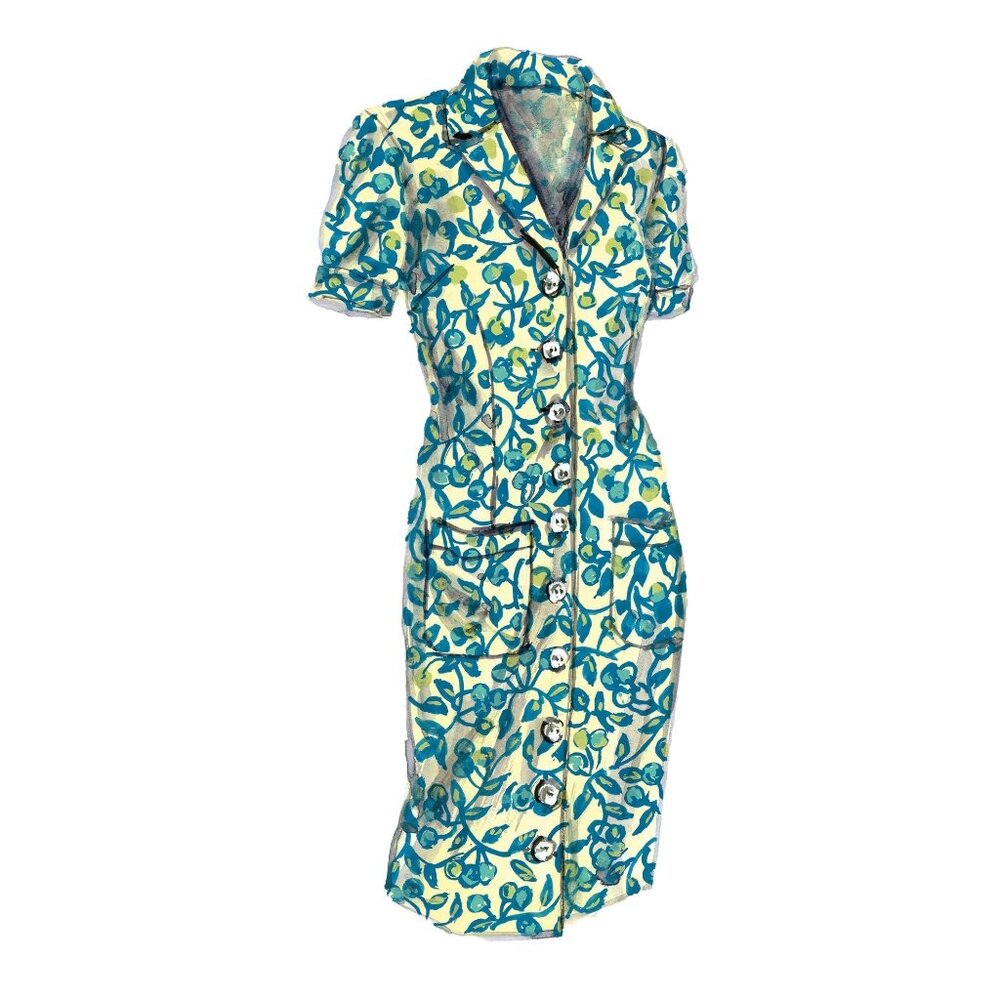 Womens Size Small J. Peterman Cherry Fruit Button-Down Shift Dress with Pockets